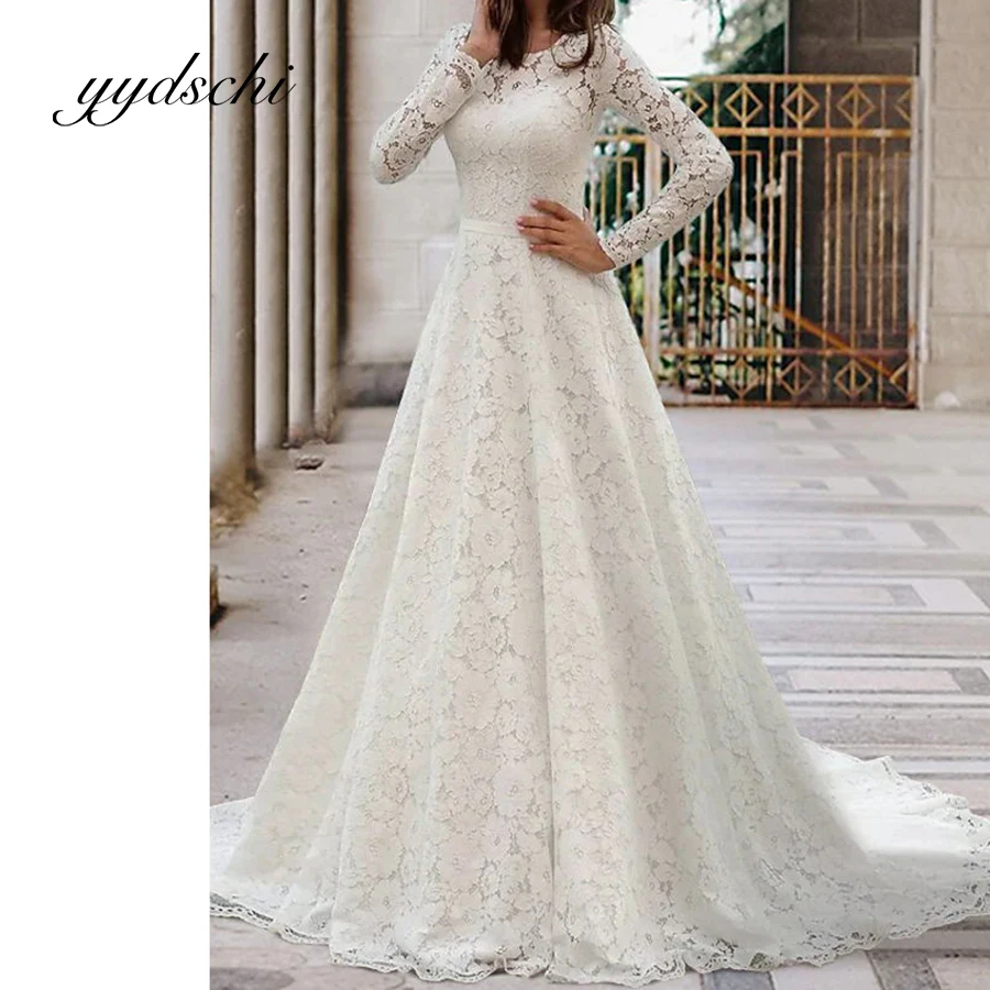 

Romantic Wedding Dress Exquisite Big Lace Floor Length Sexy Illusion Full Sleeve Bridal Court Train A-Line Dresses For Women