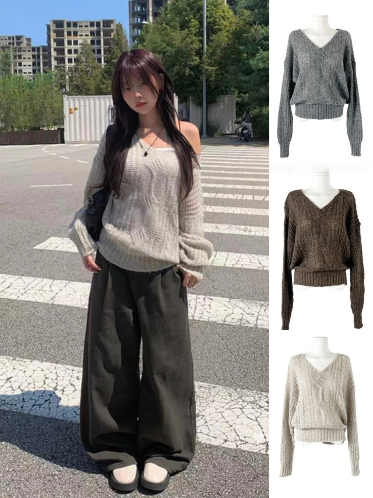 Loose Long Sleeve V-Neck Knitted Sweater Retro Street Style Korean Fashion Unique SEI Women's Comfortable Pullover Sweater