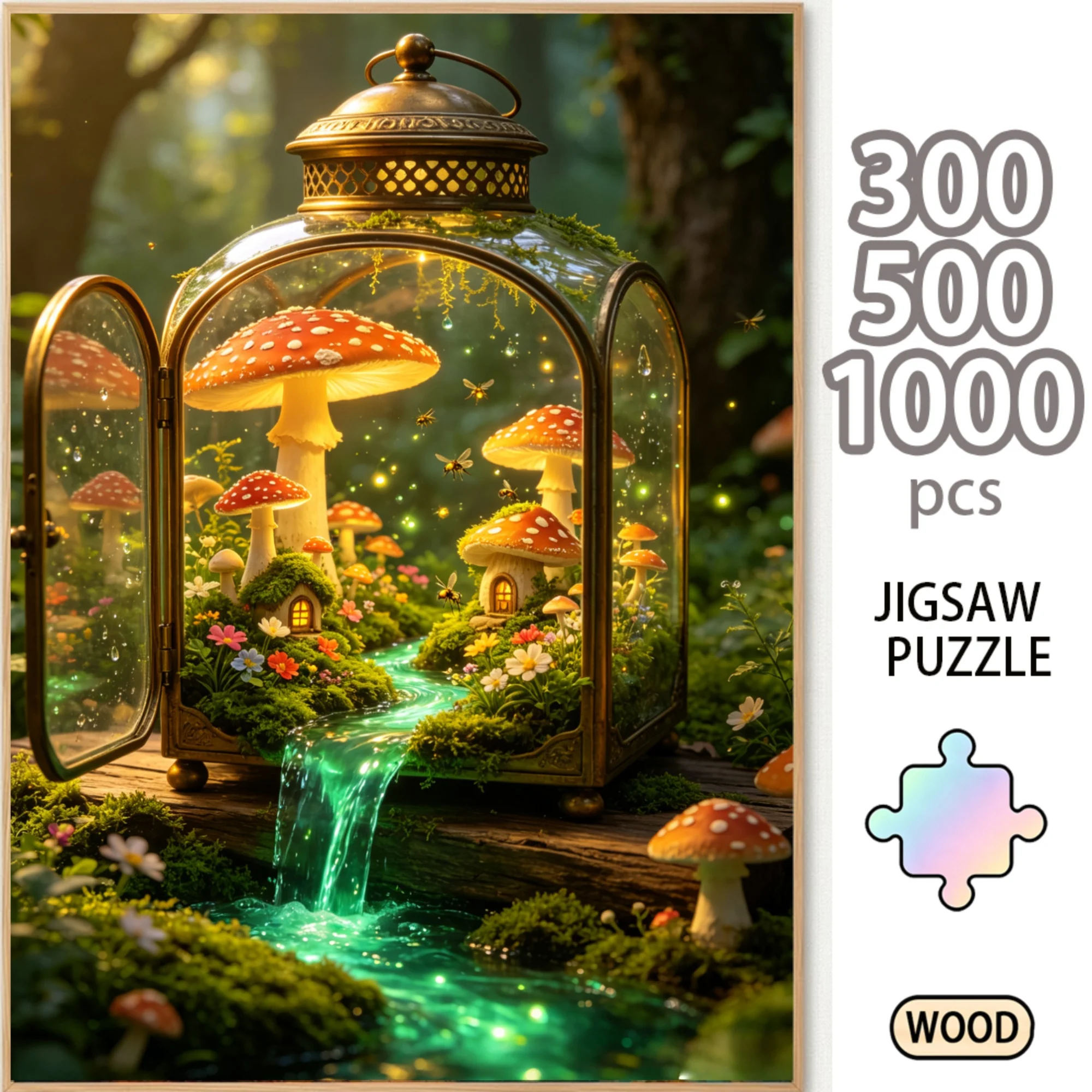 Fairy Mushroom Terrarium Lantern Wooden Jigsaw Puzzle 300/500/1000 Piece Magic Cottage Forest Stream Painting Art Board DIY Home Decor Gift for Adults