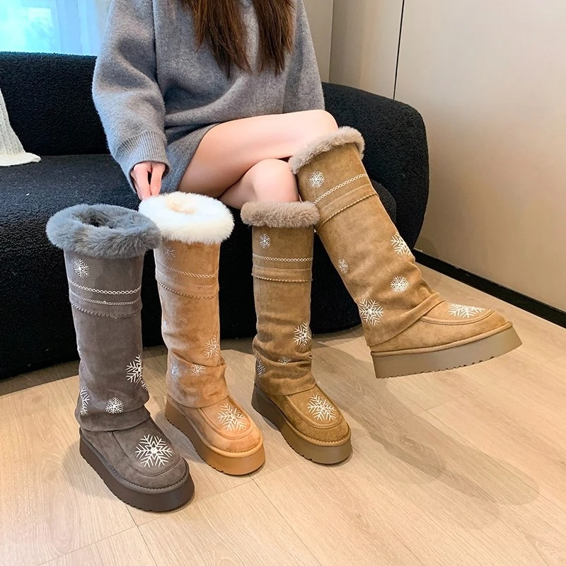 

Embroidered Tall Cotton Boots Winter New Round Toe Suede Platform Warm Non-slip Snow Boots