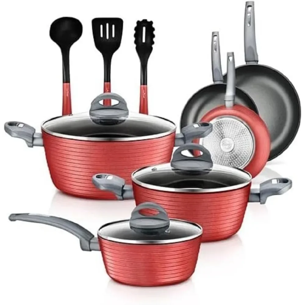 12-Piece Nonstick Kitchen Cookware Set-PTFE/PFOA/PFOS-Free Heat Resistant Lacquer Kitchen Ware Pots Pan Set Dark Gray/Red