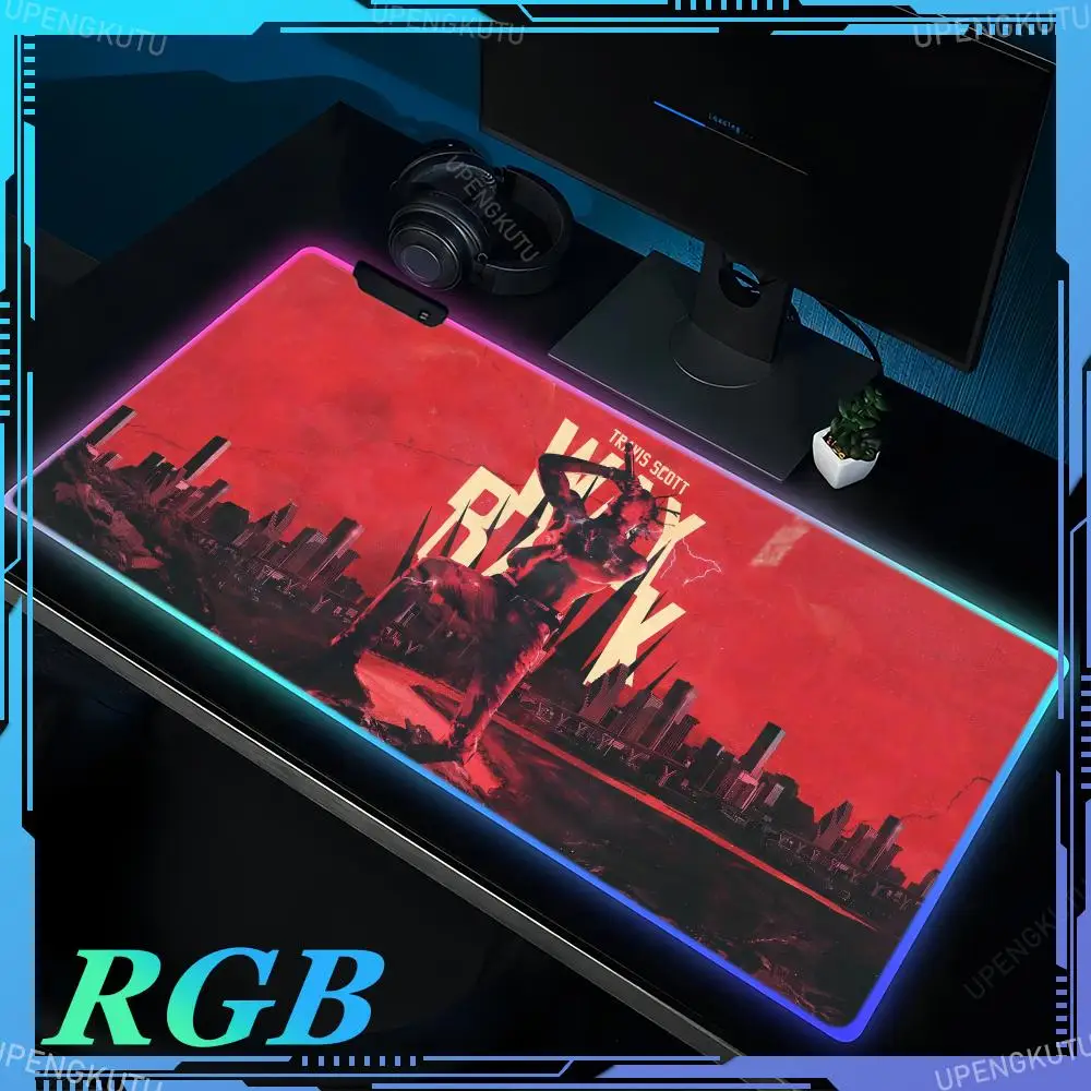 RGB T-Travis Scott Computer Game XXL MousePad LED Luminous Keyboard Pad Rapper Rubber Non-slip Red Desk Mat Game Anime Mouse Pad