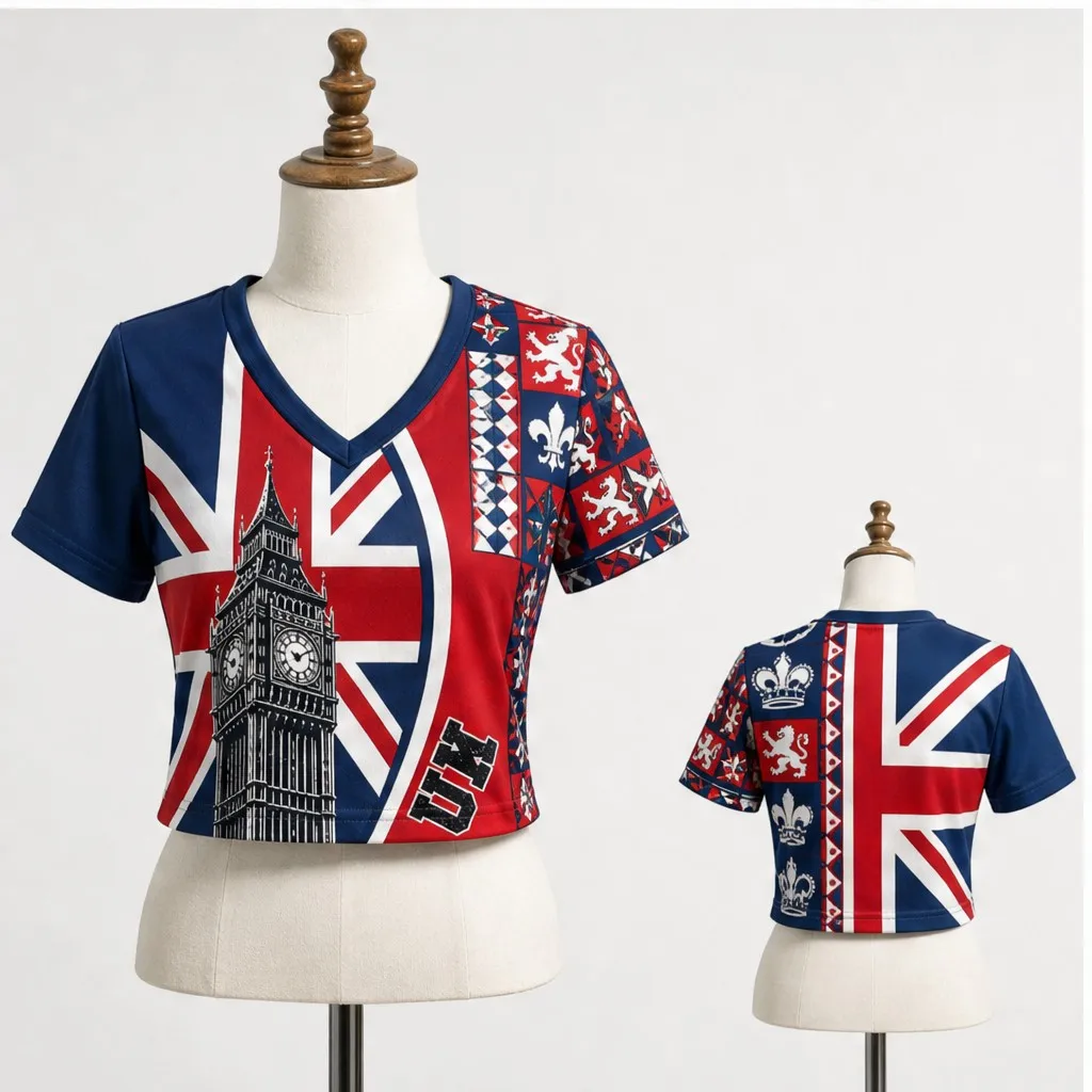 Women United Kingdom V Neck Crop Top Big Ben Union Flag Heraldic Print Short Sleeve Summer Casual Streetwear Fashion Tee A Style
