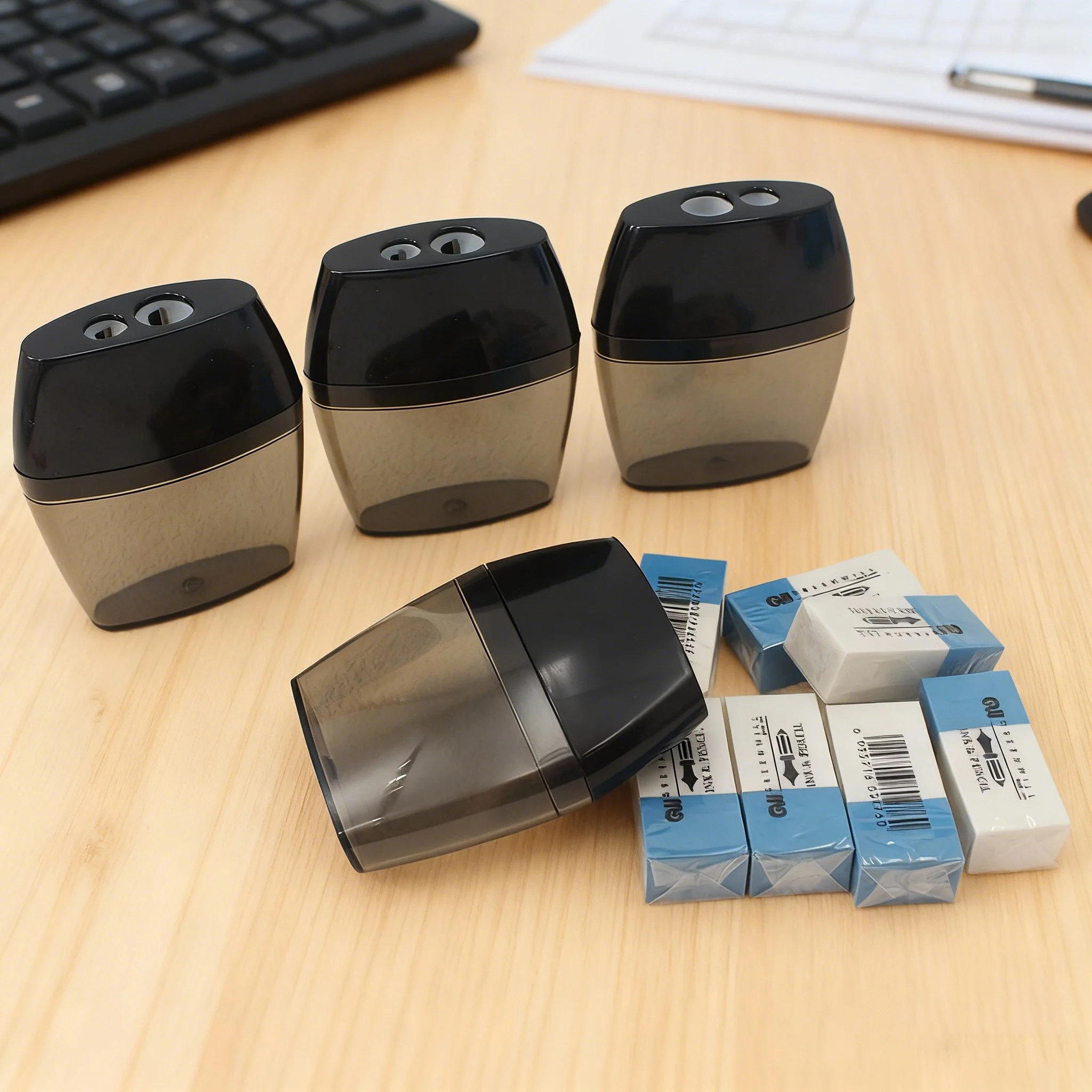 Black Double-Hole Pencil Sharpener and Blue&White Eraser | Office Desktop Essential