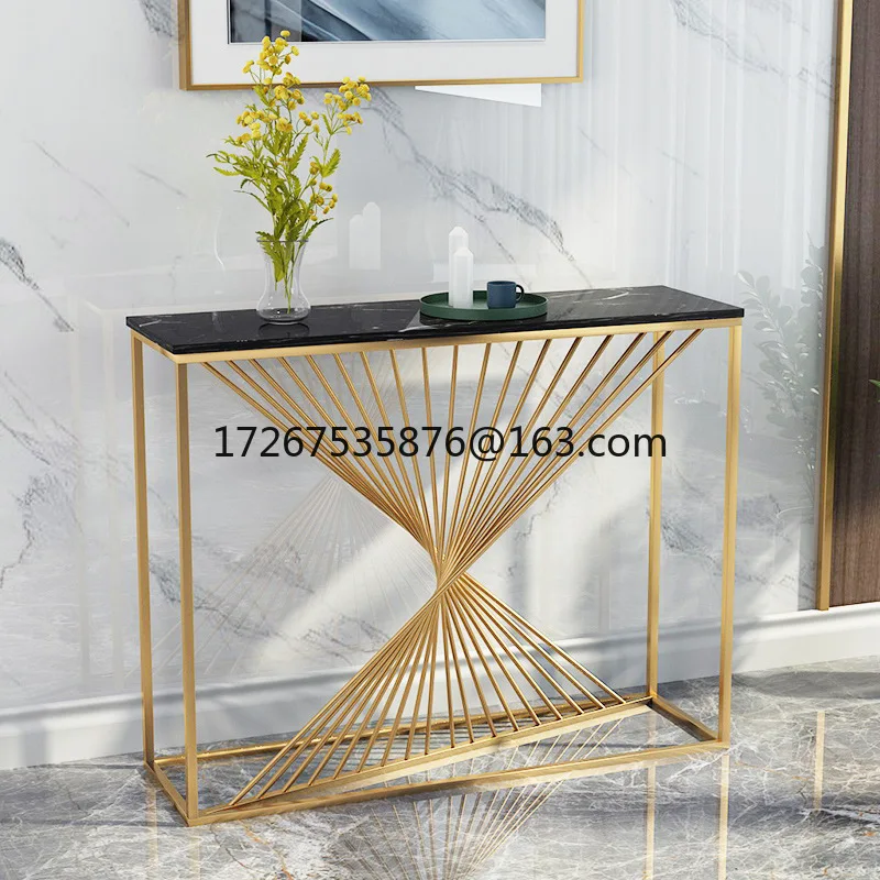 

Gold marble entrance table against the wall strip light luxury simple entrance platform corridor aisle iron decoration gold