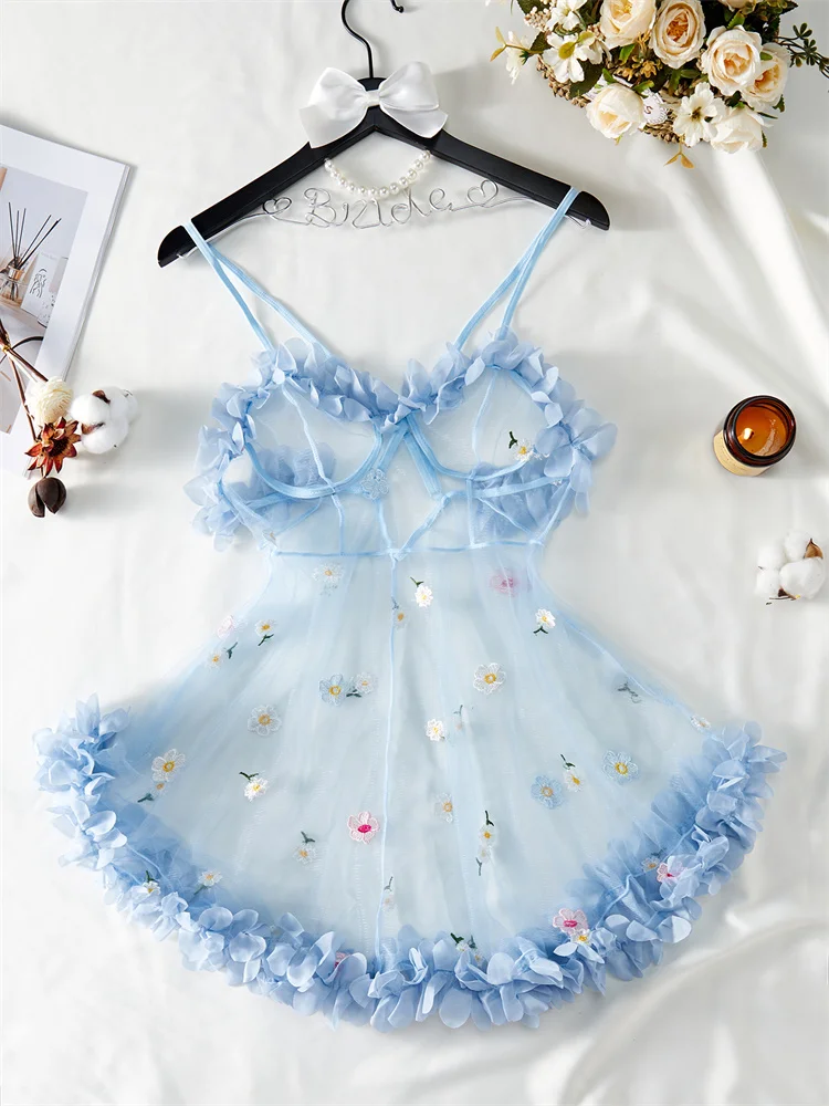 Women's Babydoll Nightgown Light Blue Tulle Sexy Nightwear Floral Embroidery Suspenders Night Dress Ruffles Boudoir Sleepwear