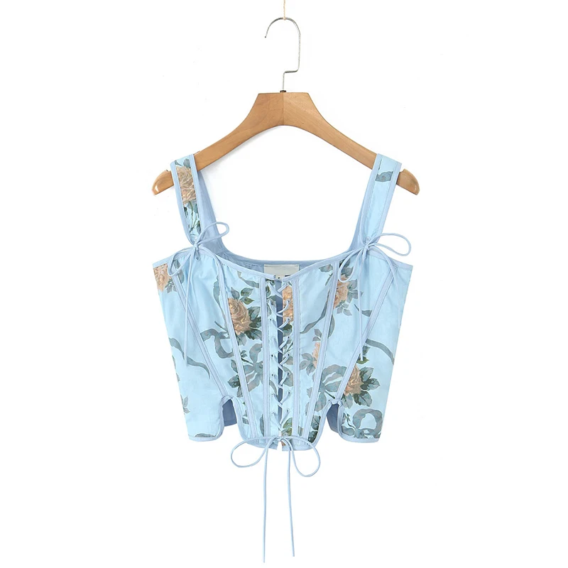 YENKYE Front Lace Up Bandage Elegant Blue Tank Top For Sexy Women Holiday Summer Reversible Crop Top 2025 Cotton Tops
