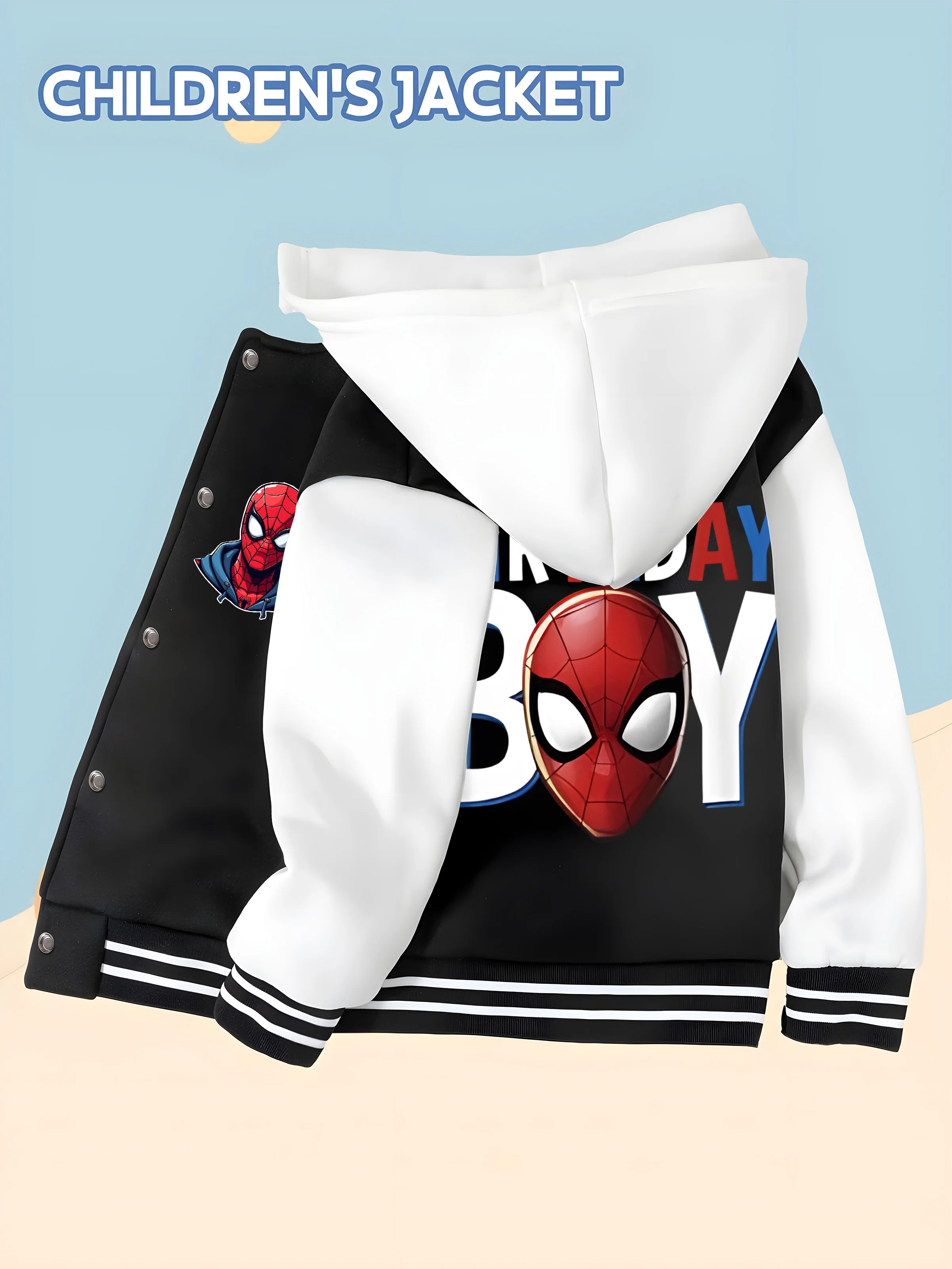 

MINISO Marvel Boys' Baseball Jacket - Spider-Man Birthday Double-sided Pattern, Comfortable Fabric, Black and White, Fashionable