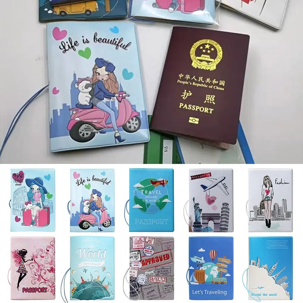 Cartoon Girl Passport Cover World Traveling PU Ticket Clamp Protection Multi-function Certificate Protective Sheath Unisex