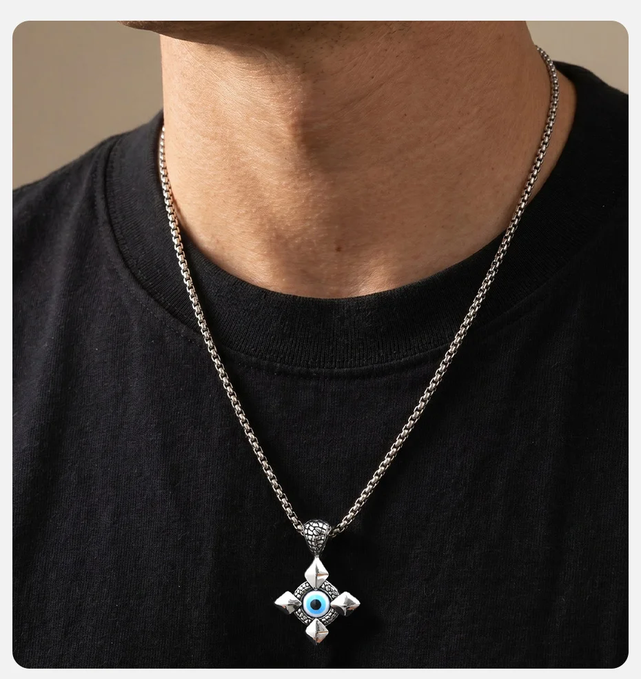 Vnox Halskette mit bösem Blick und Kreuzanhänger, Edelstahl, türkisches Nazar-Amulett, Kastenkette, Schmuck, Geschenk für Männer und Frauen, Geburtstagsfeier – Detail 2