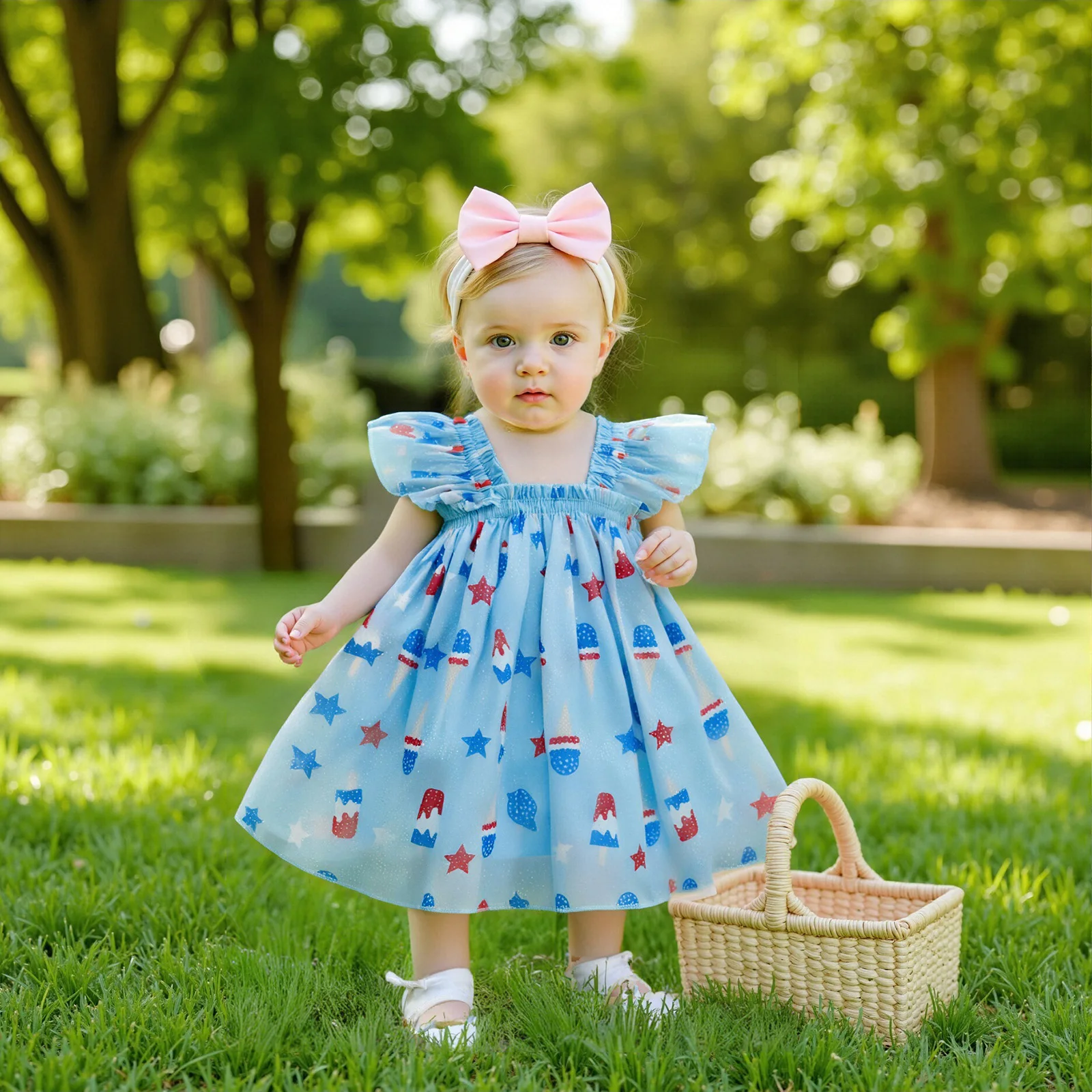 Toddler Girls Fourth of July Cami Dress Sleeveless Star Popsicle Print A-line Tulle Dress