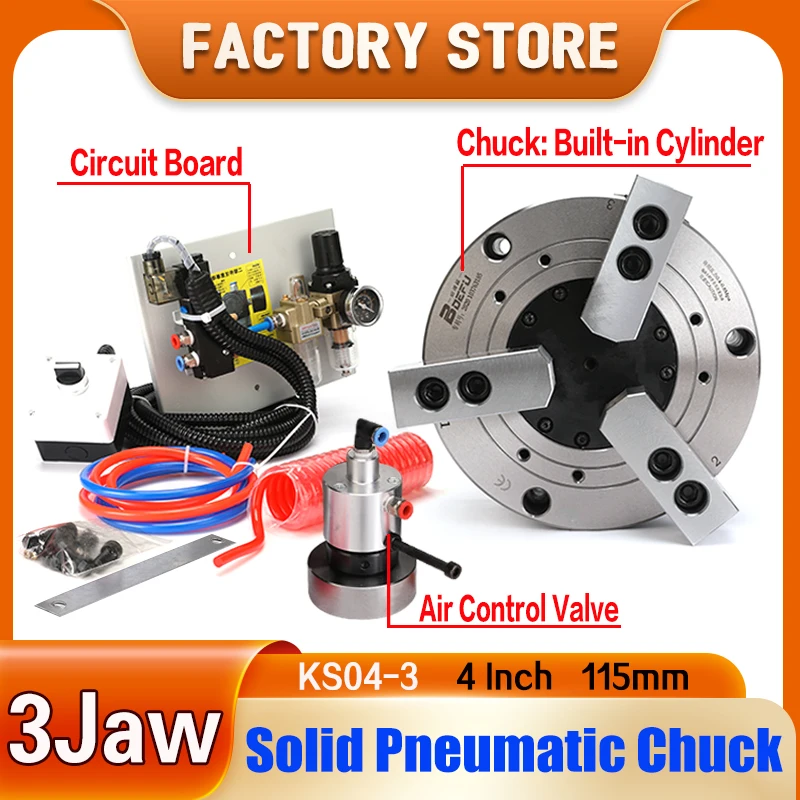 4 inch 115mm 3-jaw Solid Pneumatic Chuck KS04-3 For Air CNC Lathe Machine Tool Rotating Power Chuck Fixture Complete Set