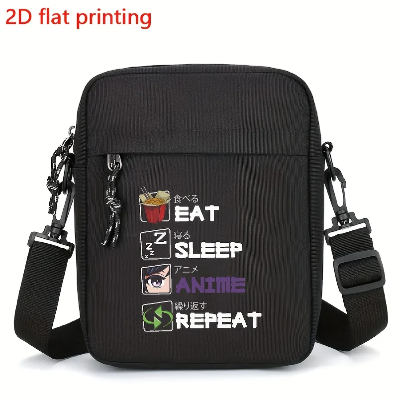 Men Casual Crossbody Bag with Anime Inspired Eat Sleep Repeat Print Adjustable Strap Zipper Messenger Bag Travel Shoulder Bags