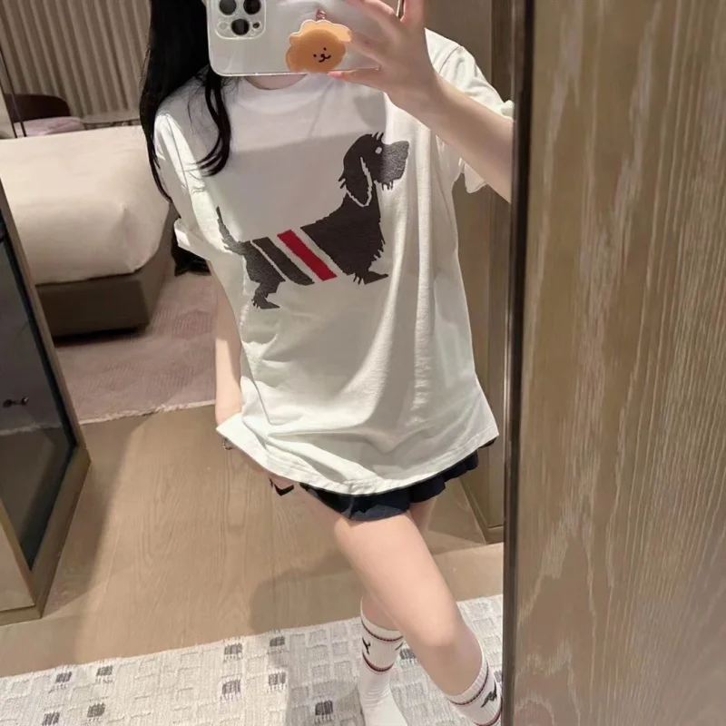 

TBPreppy Style Dog Hot Drilling Slit Hemline at Hem Ribbon Stitching Short SleeveTT-shirt Casual Loose Top Women with Socks