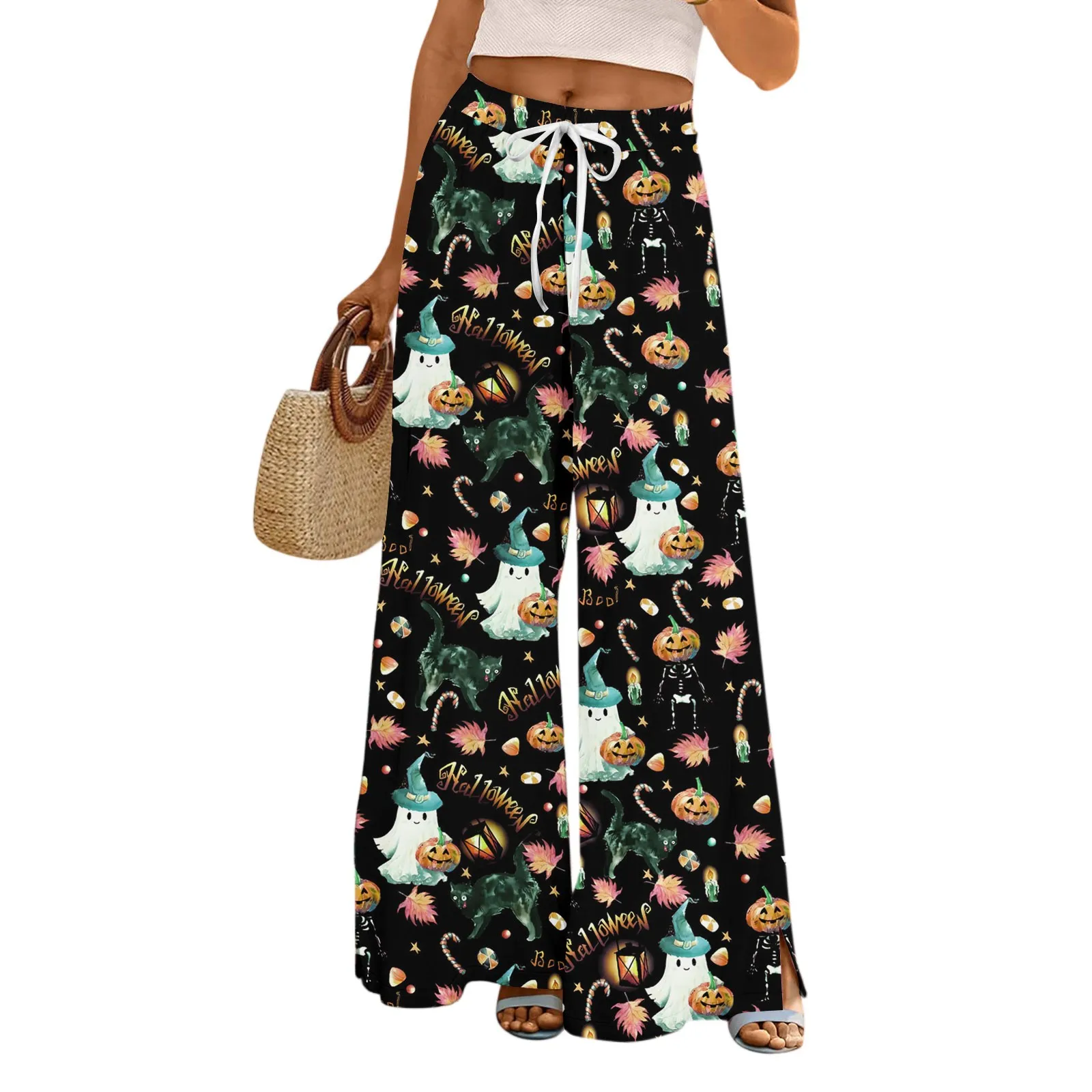 여성 바지 포켓이있는 넓은 다리 바지 캐주얼 바지 인쇄 된 탄성 허리 운동복 Pantalones De Mujer Cargo Pants Women