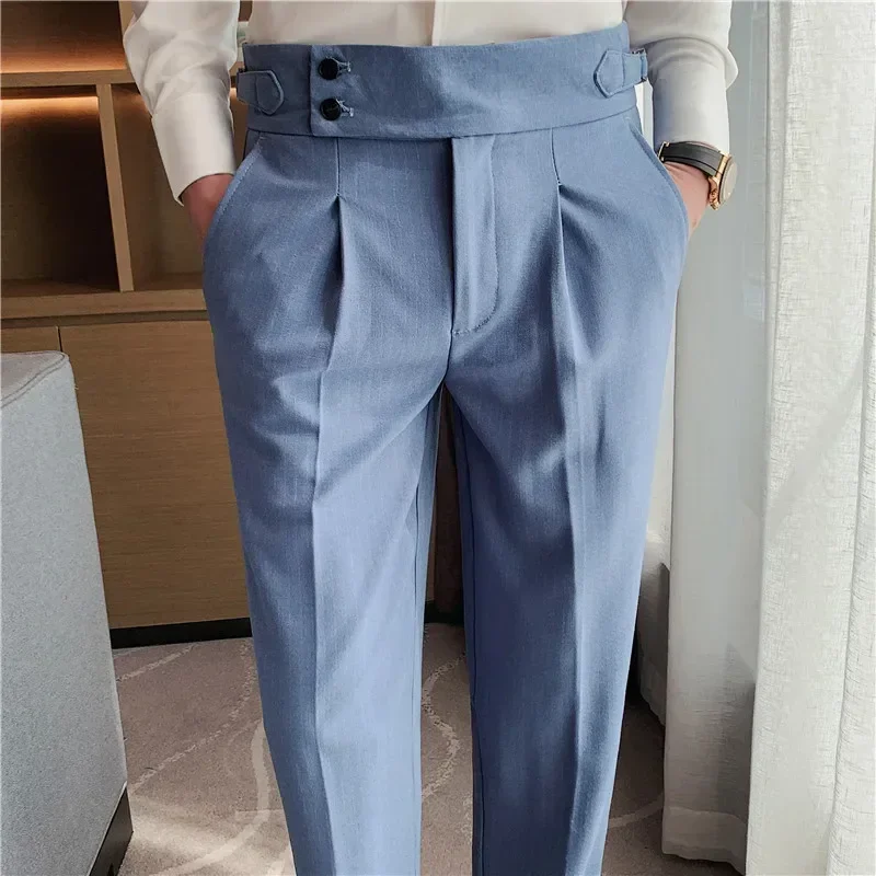 High Waist Men Dress Pants Trousers 2024 Autumn New British Style Straight Slim Fit Suit Pants Solid Casual Fashion Men Clothing