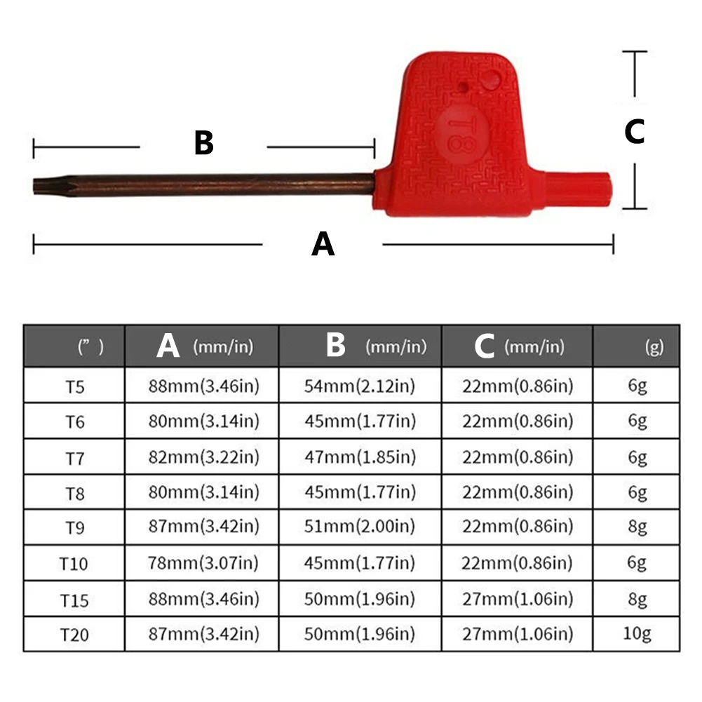 10pcs 80-88mm Small Torx Screwdriver T Wrench Red Flag Type Spanner Key T5 T6 T7 T8 T15 T20 For Hand Drills Hand Tool