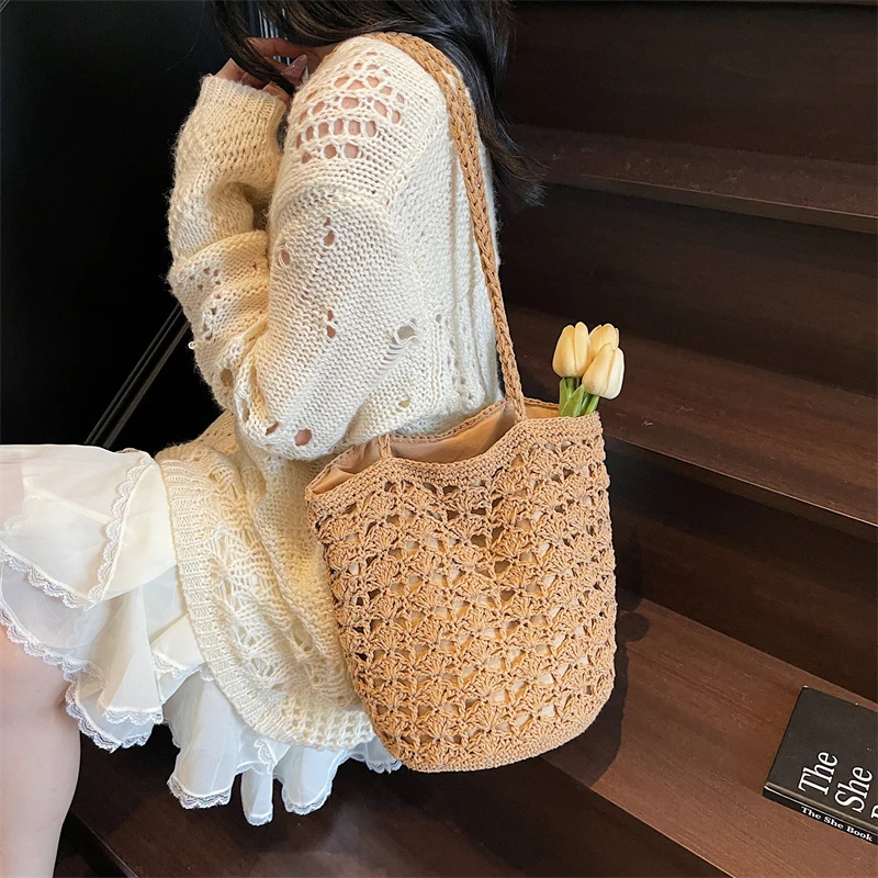 

New Trendy Woven Shoulder Bag for Women Lightweight Large Capacity Hollow-Out Design Casual Crossbody Purse Summer Beach Handbag