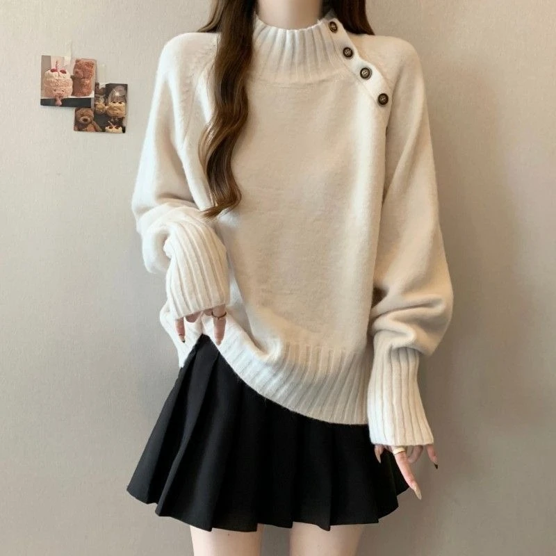 Korean Style Half Turtleneck Gray Knit Sweater Women Loose Casual Pullover Student Base Layer Top Spring Autumn