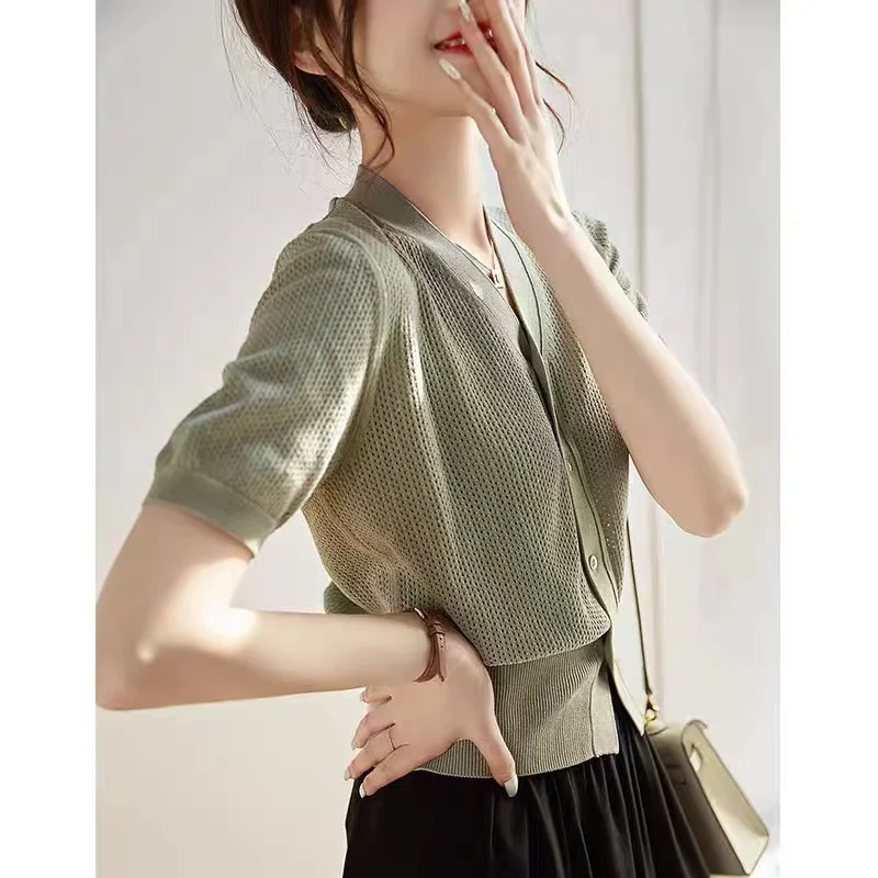 hollow out knit cardigan ice silk short sleeve female summer new air conditioning shirt cotton and linen sunscreen jacket