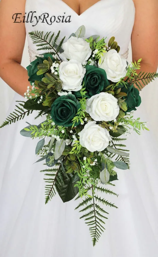 EillyRosia White Dark Green Wedding Bouquet Supplies for Ceremony Made to Order Waterfall Bride Holding Flowers Artificial