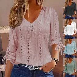 Women's New Solid Long Sleeve Shirt 2023 Autumn/Winter Jacquard Button V-Neck Tees Casual Loose T-shirt Tops For Women S-3XL