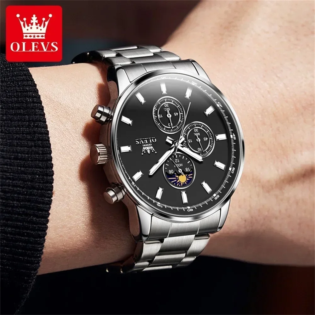 OLEVS-Reloj de pulsera de lujo para hombre, cronógrafo luminoso, fase lunar, resistente al agua, clásico