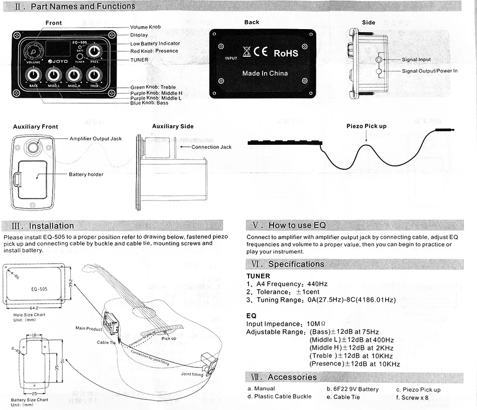 JOYO EQ-505 Acoustic Guitar Equalizer Pickup 5 Band with LCD Tuner Treble, Middle, Bass Control Volume Knob Complete Kit