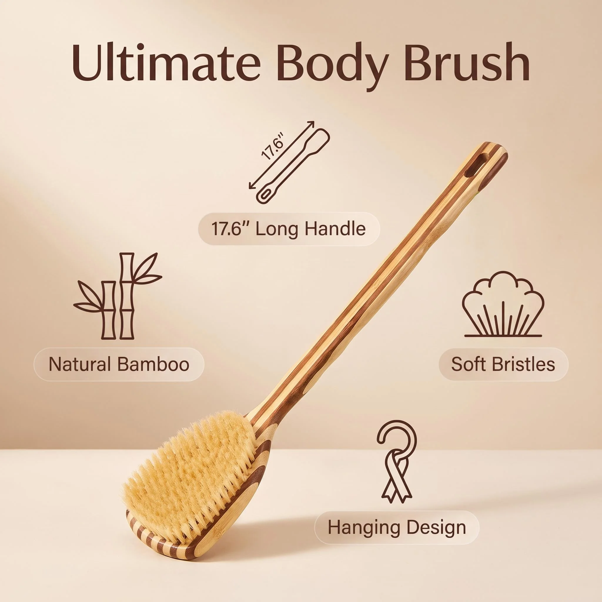 Long Handle Back Scrubber Brush,Dry Body Scrubber for Dry Skin, Blood Circulation, Cellulite Treatment, with Stiff Bristles