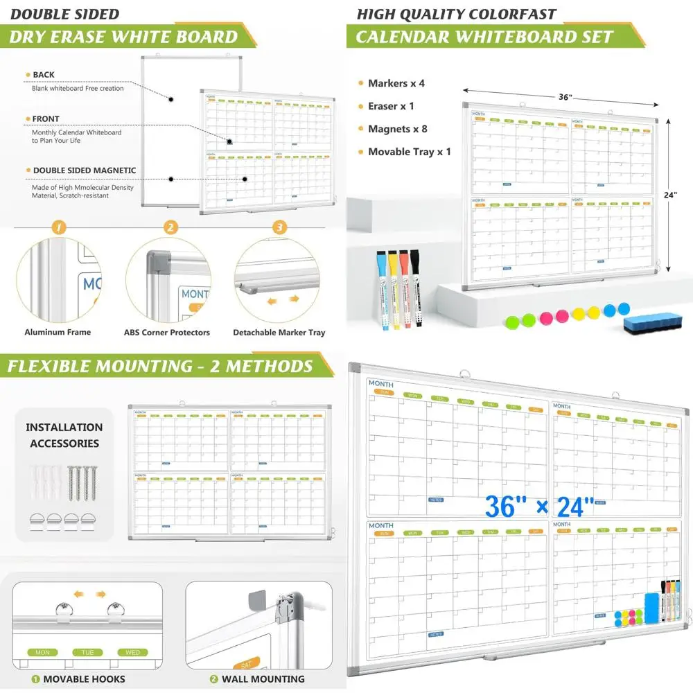 

36 x 24 Silver-Framed Magnetic Dry Erase Board, 4-Month Planner for Home, Office, and School