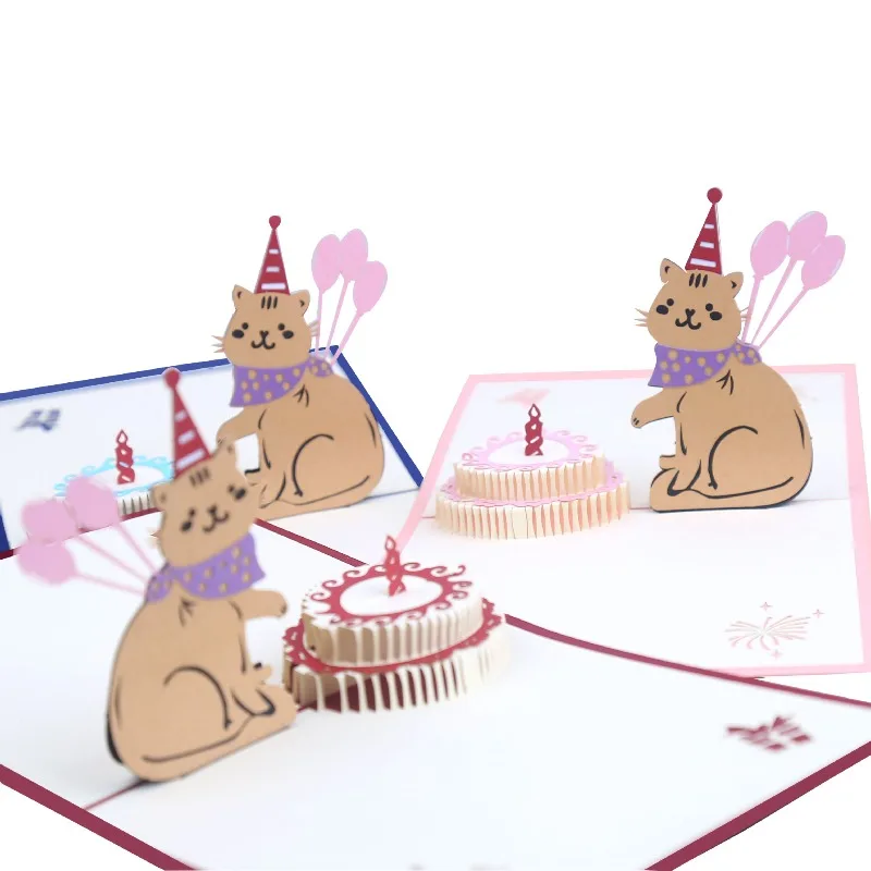 

3D pop-up style greeting card cat birthday greeting cards paper hollow-out cake creative handmade birthday gift