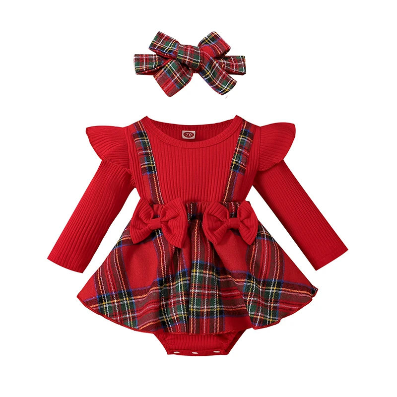 Newborn Baby Girl Christmas Outfit Plaid Ruffle Long Sleeve Bowknot Romper Dress with Headband Fall Winter Ribbed Clothes