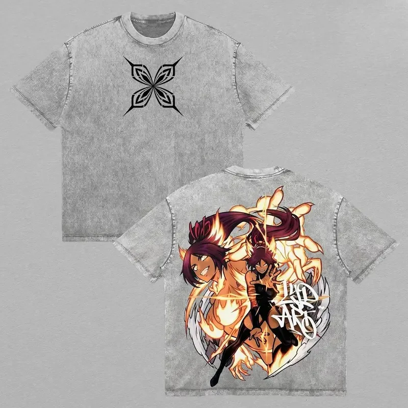 BLEACH Shihouin Yoruichi Anime Retro T Shirt Vintage Washed Streetwear Men Clothing Oversized Casual High Quality Cotton T-shirt