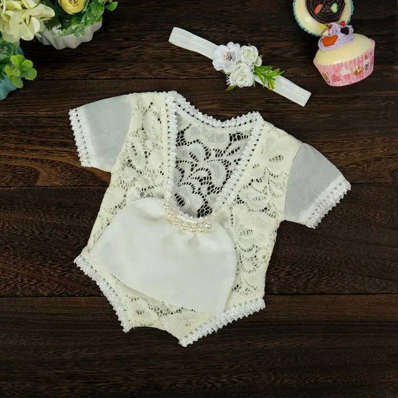 

54DA Newborn Baby Photography Props Girls Lace Romper Jumpsuit Headband Set Infants Princess Costume