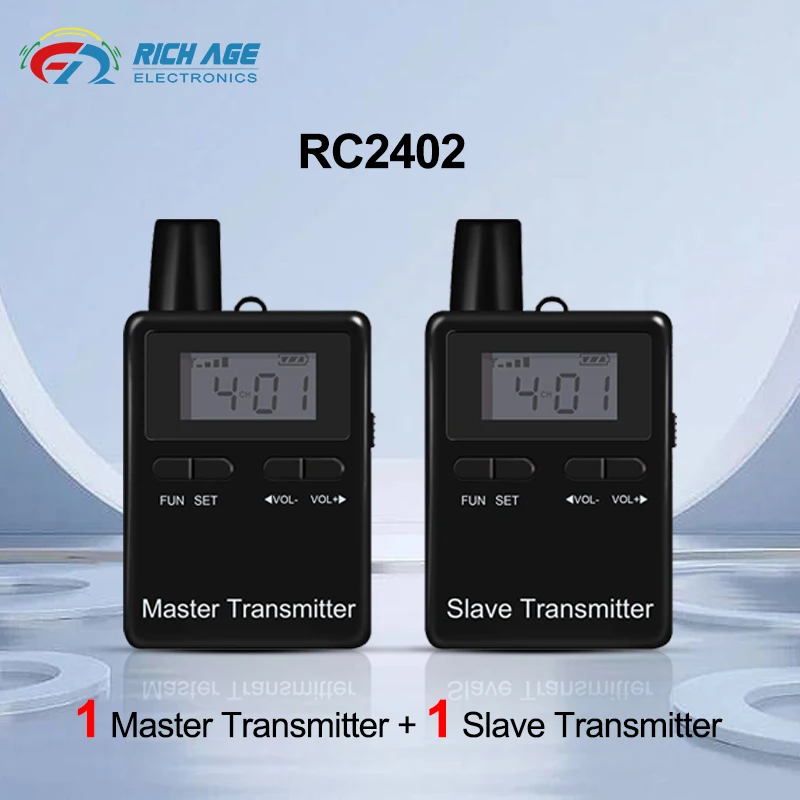 

RC2402 Two-way Audio Guide System 1 Master Transmitter Plus 1 Slave Transmitter Receiver With Microphone For Church Riding