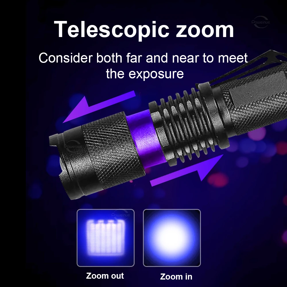 컴팩트 및 휴대용 고출력 충전식 손전등, 보라색 손전등, 방수 랜턴, 다기능 핸드 램프