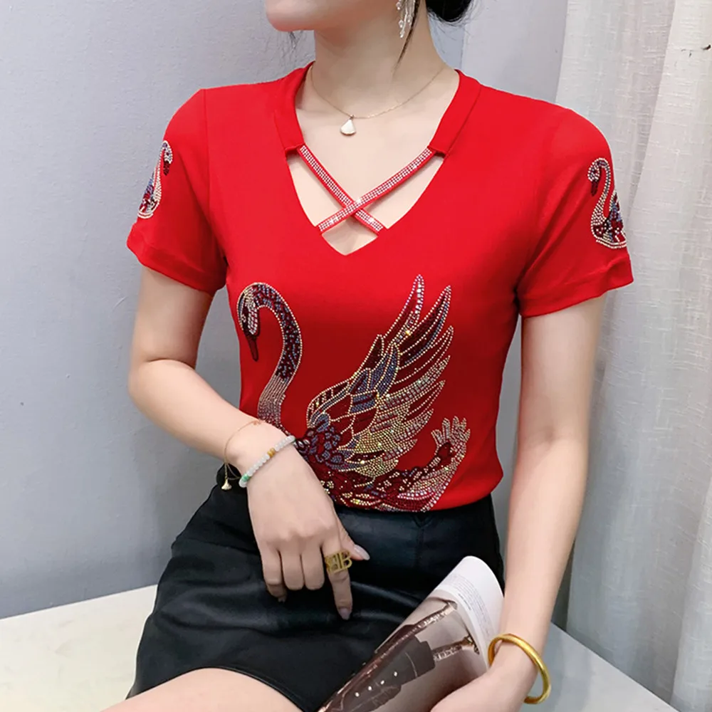 

M-3XL Size Brand Luxury Hot Diamonds Design T-Shirt Women's Sexy Off Shoulder Elegant Mesh Tees Top Ladies Summer Shirts Blouse