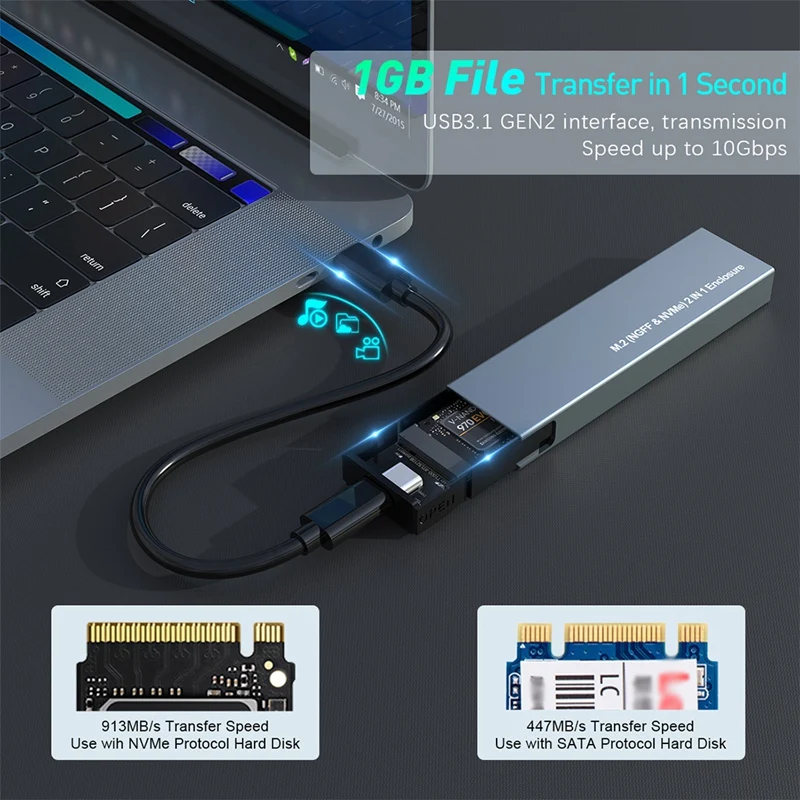 Carcasa SSD M2 Nvme a USB 3,1 Gen 2, adaptador SSD de protocolo Dual para NVME NGFF SATA M + B Key 2230/2242/2260/2280 SSD