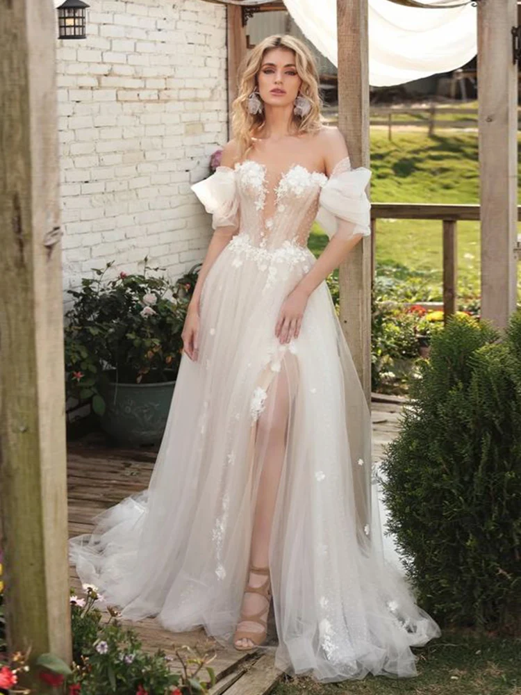 4562 #   Vestido de novia personalizado con flores en 3D y hombros descubiertos, corte en A, con cuello en V, abertura larga, espalda baja, encaje de lunares