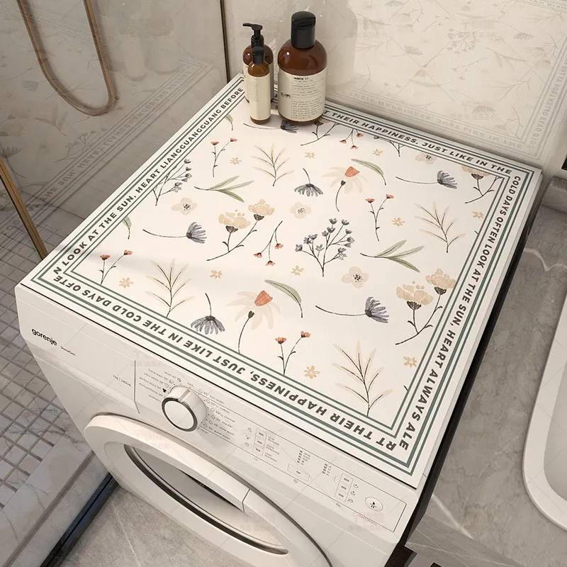 VIKAMA Thin Branch Wild Flower Washing Machine Top Mat Green Text Border Waterproof Anti Dust Dryer Surface Pad
