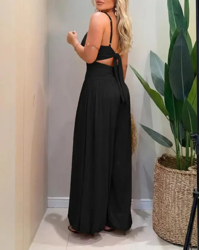 2026 New Women's Cut-Out Waist Cami Jumpsuit Backless Tie-Back Lantern Romper Ruched High Waist Summer Jumpsuit