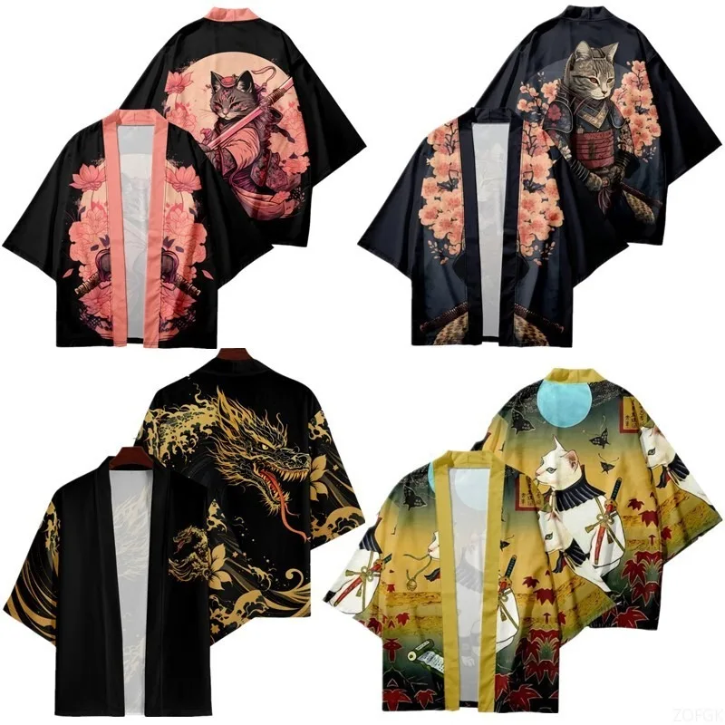 

Summer Japanese Ukiyo-e Cardigan Kimono Samurai Cat Cloak Dragon Feather Woven Taoist Robe 3D Digital Printed Cardigan