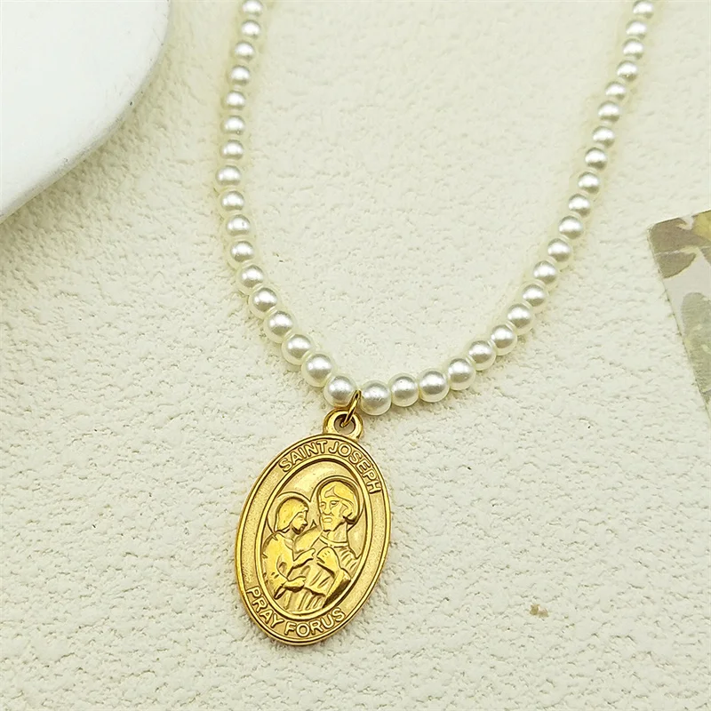 

Saint Joseph Pray For Us Pendant Necklace For Women Girls Stainless Steel Pearl Gold Color Faith Amulet Catholic Chain Jewelry