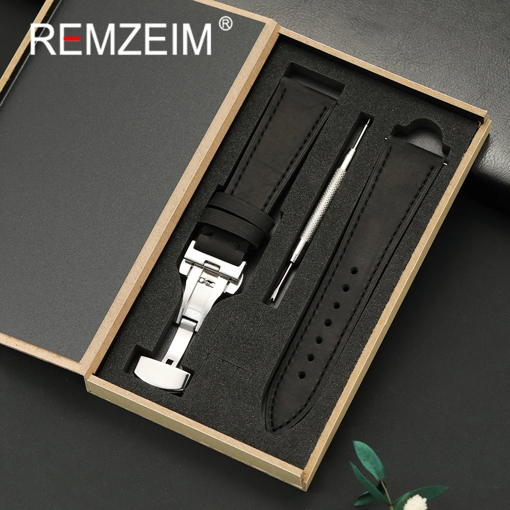 Crazy Horse Rindsleder-Uhrenarmband, 18 mm, 20 mm, 22 mm, mit Schmetterlingsverschluss und Geschenkbox, hochwertiges Herren-Armband