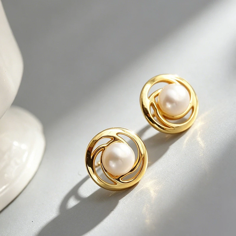 S925 Sterling Silver Earring Inlaid Natural Freshwater Pearl Swirl Hollow Stud Earrings 24K Gold Plated Minimalist Jewelry Gift