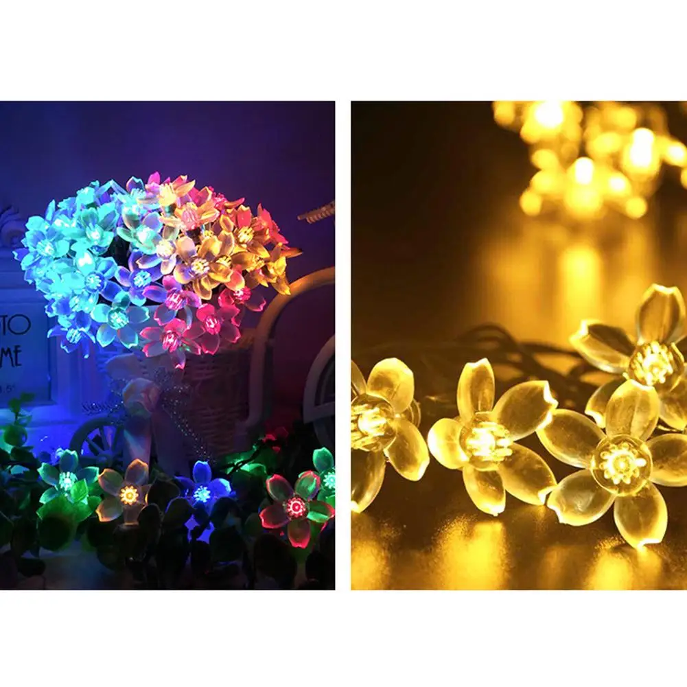 Lâmpada solar com flor de pêssego, LED String Fairy Lights para decoração de casamento ao ar livre, 8 funções, 5m, 6.5m, 7m, 12m