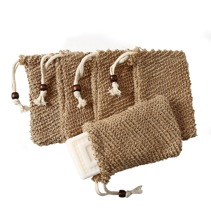 High Quality Flax Soap Bag Natural Soap Saver Pouch Bag for Shower Reusable Drawstring Bubble Foam Natural Sisal