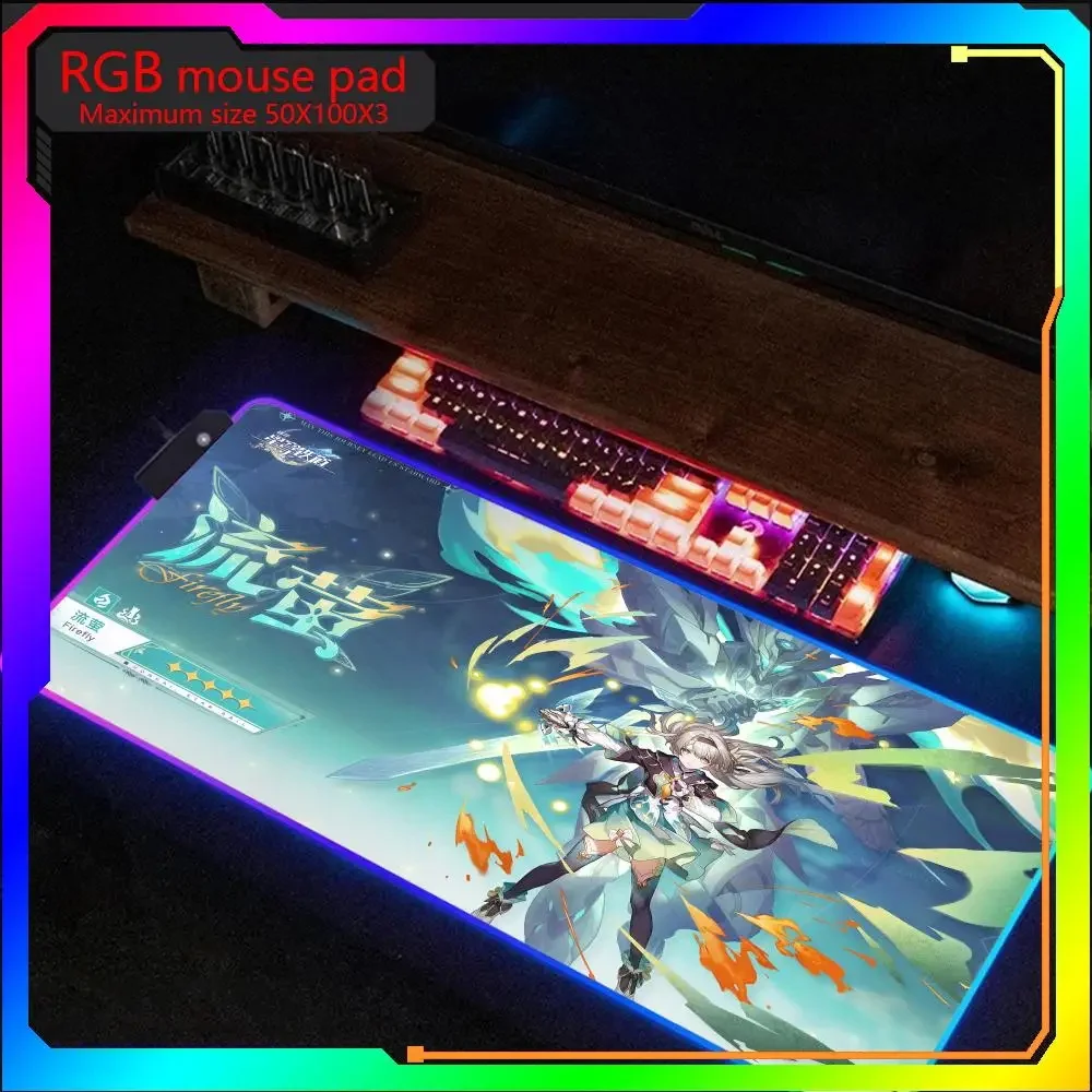 Honkai Star Rail Firefly RGB Mouse Pad Maximum size50x100 Gaming Mousepad Game Large LED Rubber Table Mat Laptop Desktop GamePad