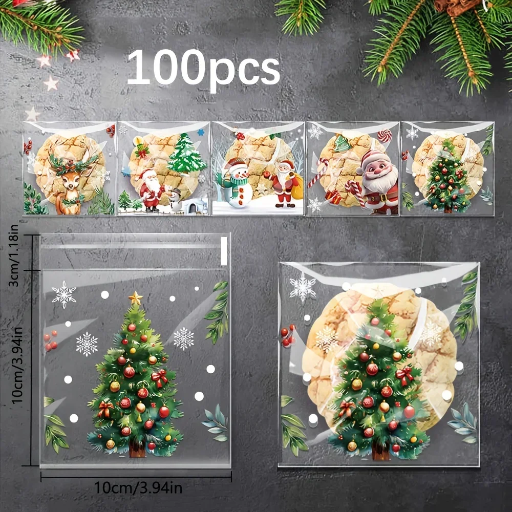 100Pcs Mixed Styles Christmas Gift Seal Pouches,Cookie & Snack Storage Bags,Holiday Party Favor Small Gift Bags