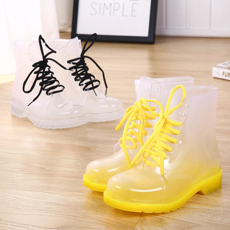 Women Rain Shoes Platform Rain Boots Jelly Color Ankle Boots Ladies New Waterproof Work Footwear 2023 Transparent Slip on Shoes